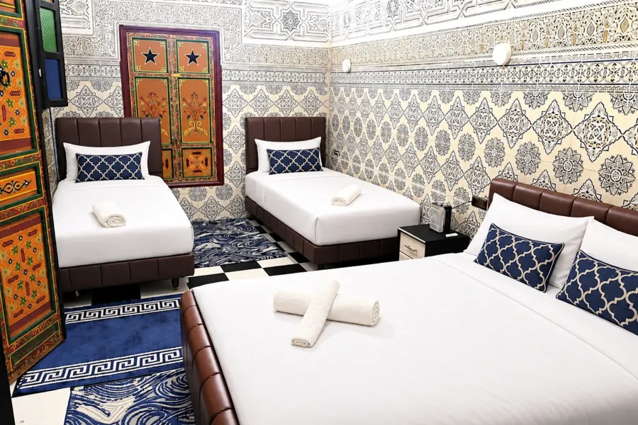 Comfort Quadruple Room with zellige walls and hand-painted wooden doors